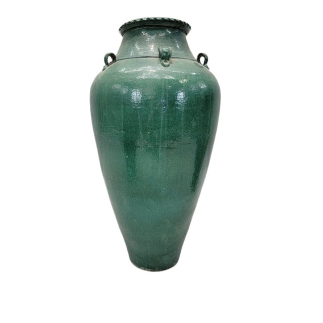 Antique Stoneware Large Green-Glazed Mataban Jar This large antique Chinese urn/jar has six small handles and a shiny...