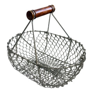 Vintage French-Style Heavy-Gauge Polished Wire Harvest Basket With Turned Wood Handle For Sale