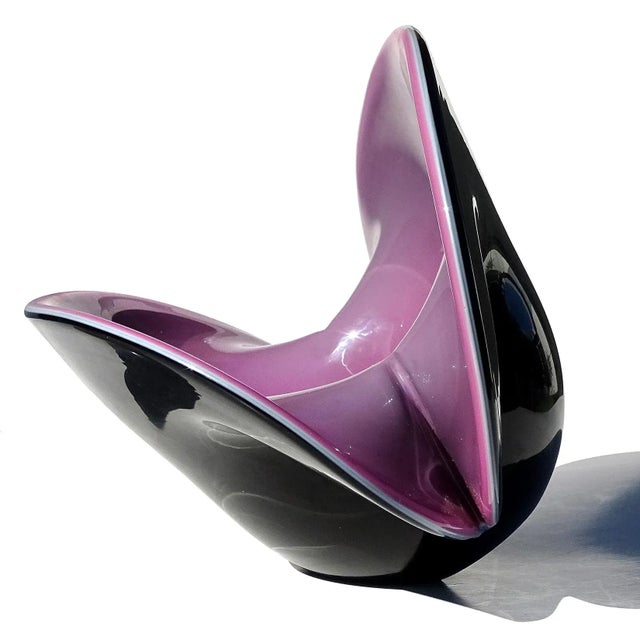Murano Vintage Murano Large Purple Black Italian Art Glass Double Position Clam Seashell Centerpiece Bowl Flower Vase For Sale - Image 4 of 8