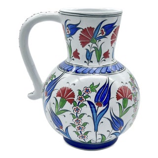 Handmade Ceramic Pitcher Vase (20cm) Classic Red Carnation and Blue Tulip For Sale