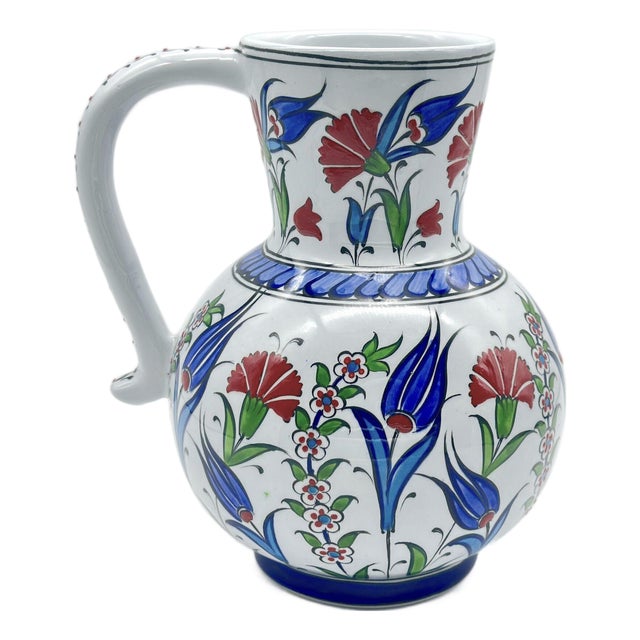 Handmade Ceramic Pitcher Vase (20cm) Classic Red Carnation and Blue Tulip For Sale
