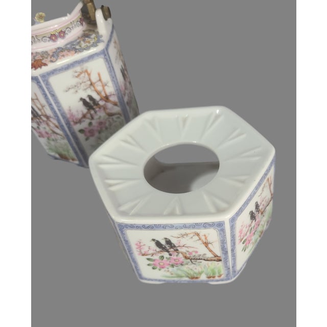Late 20th Century Vintage Japanese Hand Painted Floral, Birds Teapot Brass Handle on Warmer Stand For Sale - Image 5 of 11