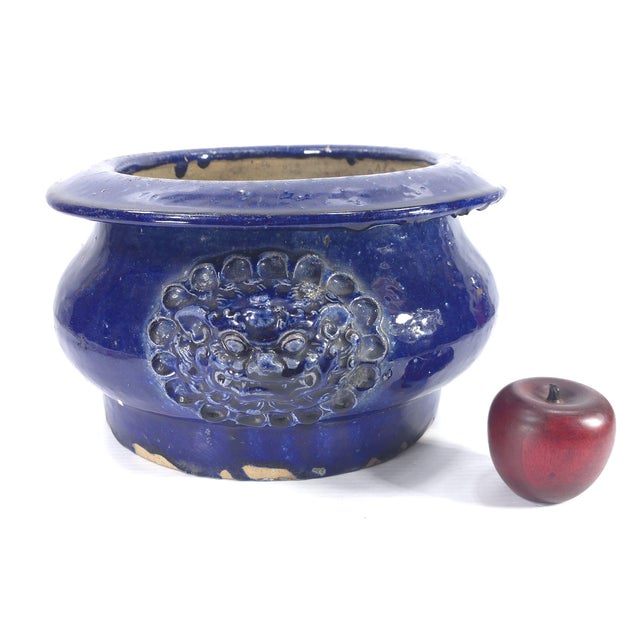 Mid 20th Century Asian Signed Cobalt Blue Ceramic Bowl Pot Planter Lion Heads For Sale - Image 5 of 9