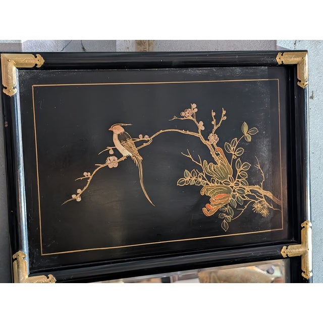 Mid 20th Century Vintage Chinoiserie Black Lacquer Mirror | Hand-Painted Bird & Blossom Panel With Brass Corners For Sale - Image 5 of 6