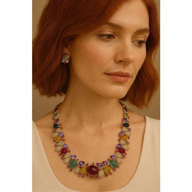 Classical Roman Bochic “Capri” Vintage Red Ruby & Yellow Sapphire Necklace Set in 18K & Silver For Sale - Image 3 of 11