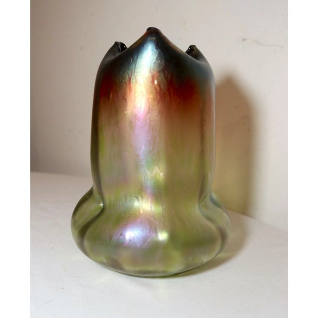 Boho Chic Antique Hand Blown Rindskopf Pepita Bohemian Art Glass Iridescent Aurene Vase For Sale - Image 3 of 12