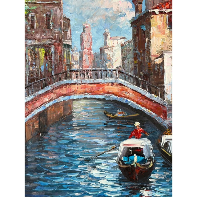 Blue 1970s Massive Venice Canal Scene – Burnette Original Oil Impasto Texture For Sale - Image 8 of 12
