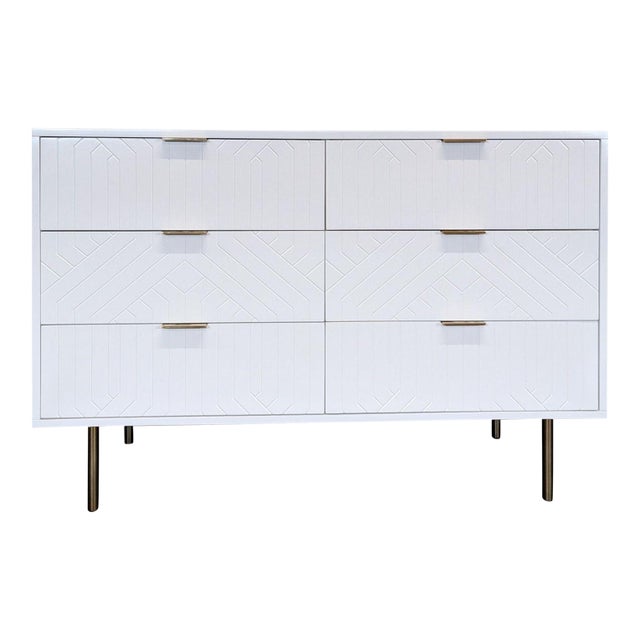 Pottery Barn Teen Jennings Modern White 6-Drawer Dresser With Brass Legs For Sale
