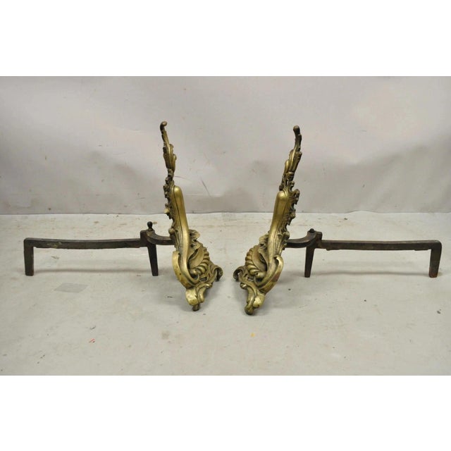 Antique French Rococo Baroque Style Brass Leafy Acanthus Andirons - A Pair For Sale - Image 10 of 11