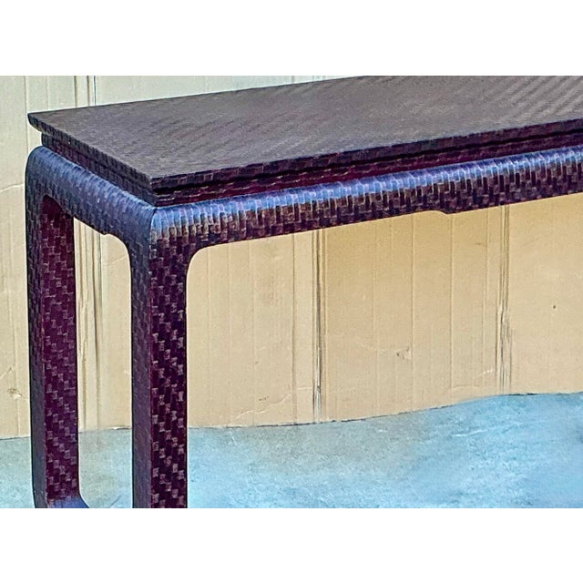 Wood Asian Modern Grasscloth Wrapped Ming Style Console Tables Att. Baker Furniture For Sale - Image 7 of 12