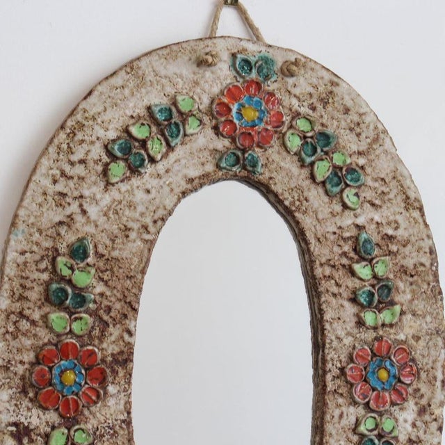 Ceramic Flower-Motif Wall Mirror from La Roue, 1960s For Sale - Image 4 of 7