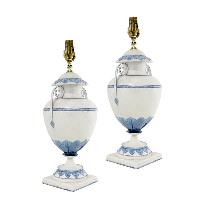 Art Deco A Pair of Vintage Blue and White Metal Trophy Table Lamps. For Sale - Image 3 of 9