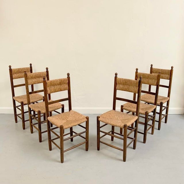 Mid-Century Modern Mid-Century Oak and Straw Chairs by Charlotte Perriand, France, 1960s, Set of 6 For Sale - Image 3 of 17
