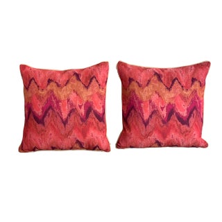Contemporary Flamestitch Design Square Red, Orange and Raspberry Tapestry Pillows- a Pair For Sale