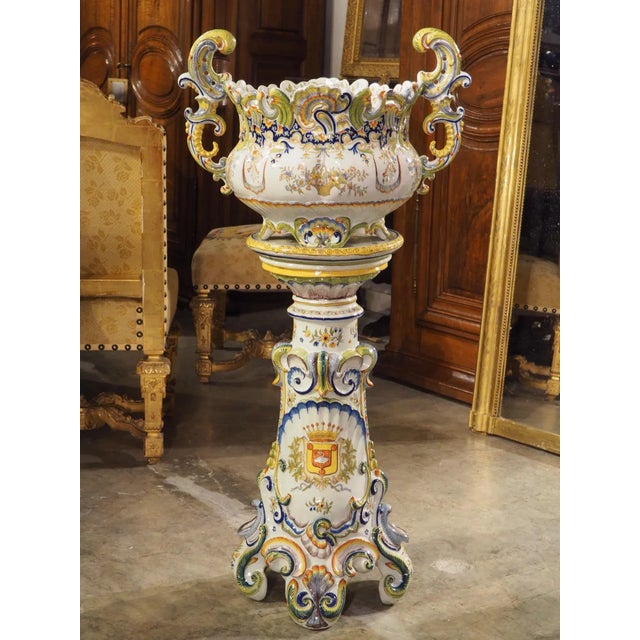 19th Century Hand Painted Faience Jardiniere on Pedestal From Boulogne, France For Sale - Image 13 of 13