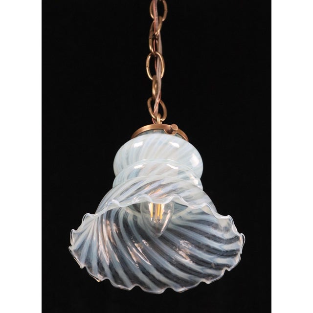 Art Nouveau Mid 20th Century Art Nouveau Swirl Opal Glass Hanging Pendant Light For Sale - Image 3 of 10