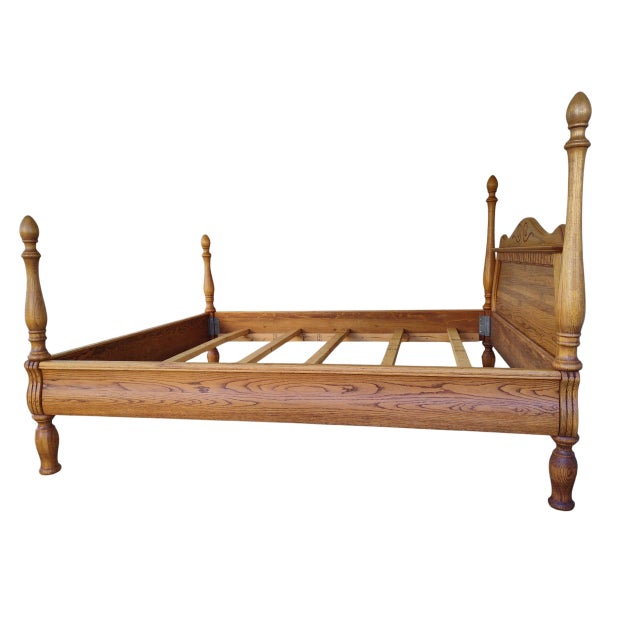 Vintage Oakwood Interiors Traditional Solid Oak Cannonball Four Poster Bed For Sale - Image 4 of 14