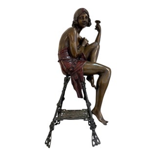 Late 20th Century Art Deco Style Multi-Color Patinated Bronze "Champagne Girl" Sculpture After Ferdinando De Luca For Sale