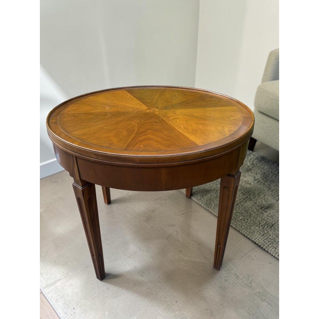 Mid-Century Modern 1970s Mid-Century Modern Baker Walnut Round Sunburst Pattern Lamp, Side, Accent Table For Sale - Image 3 of 13