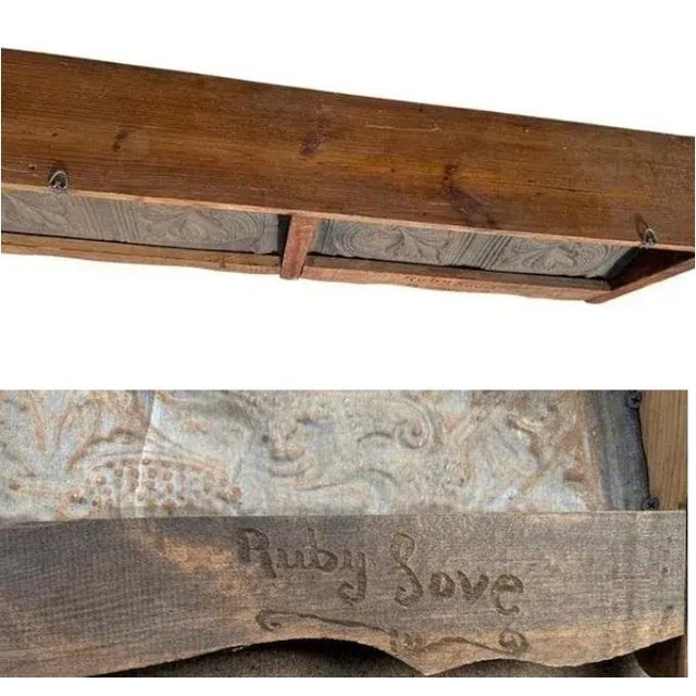 Early 20th Century Pair of Vintage 79" Long/Wide Distressed Wood & Pressed Tin Architectural Wall Shelves For Sale - Image 5 of 15
