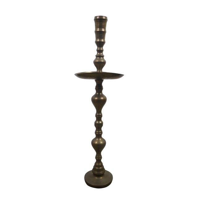 Two mid century Moroccan etched brass Temple / Church / Altar floor candlesticks / candle holders featuring large drip...
