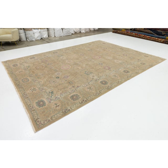 Modern Egyptian Oushak Wool Rug Handmade in Tan With Floral Motifs For Sale - Image 4 of 12