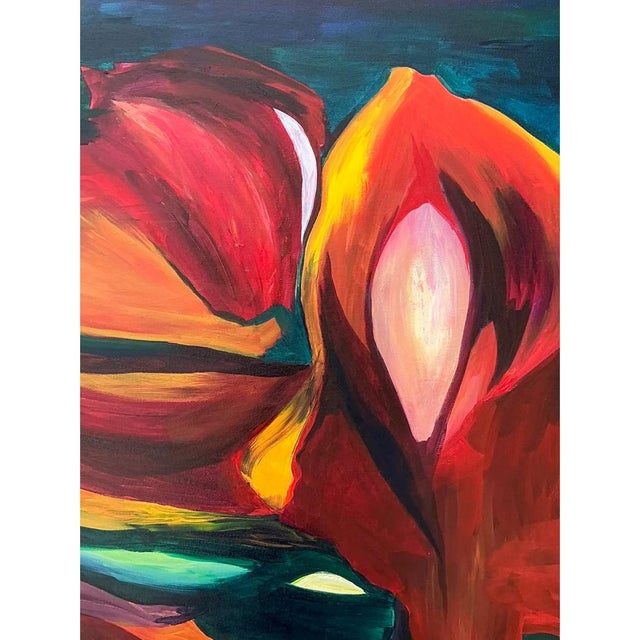This striking vintage abstract expressionist oil painting on canvas powerfully captures the dynamic vigor and emotive...