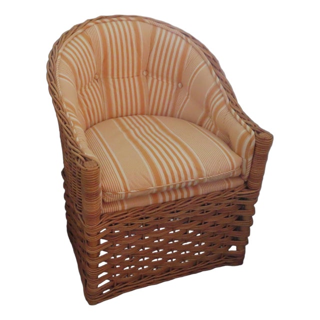Cute Pair of Wicker Arm Chairs With Yellow & White Upholstery For Sale
