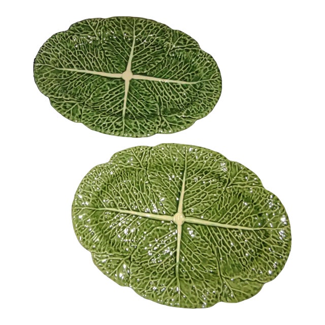 Vintage Bordallo Pinheiro Green Cabbage Serving Platters - a Pair For Sale