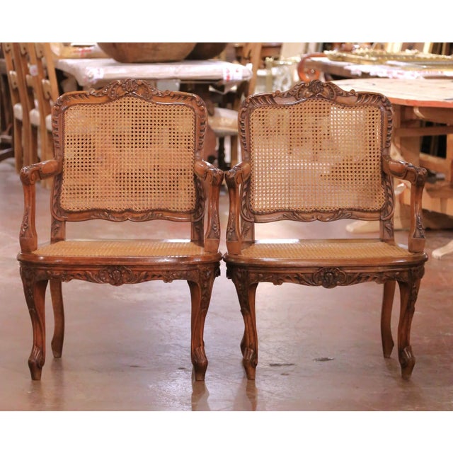 French Pair Mid-Century French Louis XV Style Walnut Caned and Leather Desk Armchairs For Sale - Image 3 of 13
