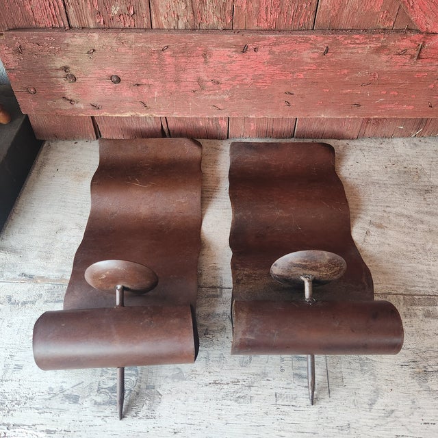 1970s Pair of Vintage Mexican Metal Wall Candle Sconces – 16"x8" Rustic Scroll Design - Rare For Sale - Image 14 of 14