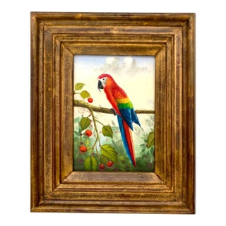 Late 20th Century Parrot Painting Bird Art Tropical Red Macaw Oil on Board Wall Decor For Sale