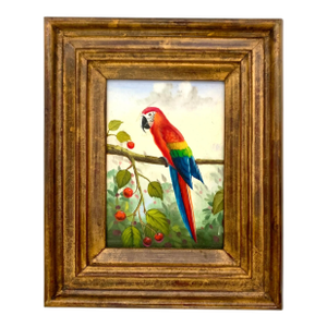 Late 20th Century Parrot Painting Bird Art Tropical Red Macaw Oil on Board Wall Decor