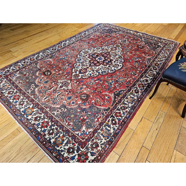 Vintage Persian Bakhtiari Rug, Handwoven Wool, Medallion Floral Pattern, Brick Red & Ivory, 7x11 For Sale - Image 4 of 15