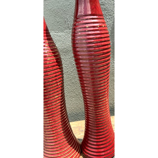 Ceramic Vintage Pair of Ribbed Tall Vases For Sale - Image 7 of 12