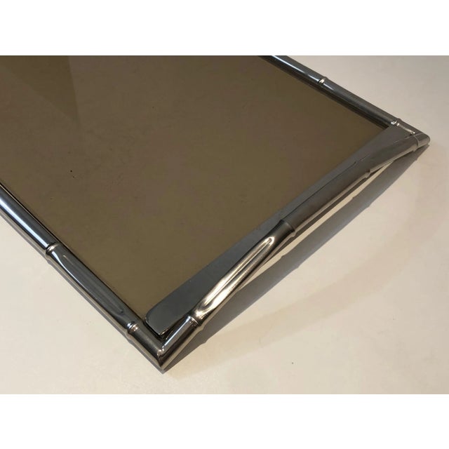 In the Style of Jacques Adnet. Faux-Bamboo Chromed Tray with Smoked Glass. Frenc For Sale - Image 11 of 13