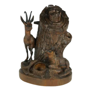 Late 19th Century Antique Black Forest Hand Carved Wood Chamois Figural Pipe Holder Stand Tobacco Humidor