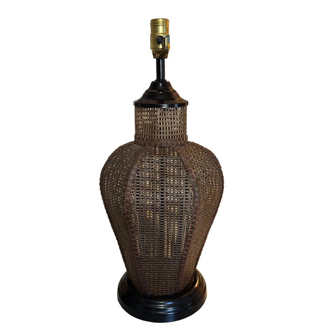 Large Vintage Handwoven Rattan and Cane Urn Form Table Lamp For Sale - Image 4 of 11