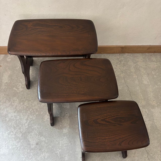 Nesting Tables in Elm from Ercol, Set of 3, in Very Good conditions. Designed 1980 to 1989 This piece is designed in the...