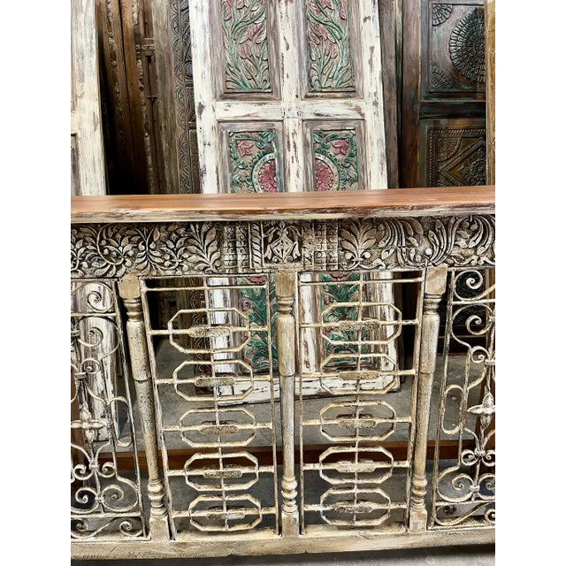 Brown Midcentury Console Table Wrought Iron Ornate Carved Entryway Table 64 For Sale - Image 8 of 11