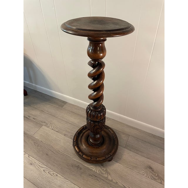 Victorian Early 1900s Hand Carved 35" Open Barley Twist Pedestal Display or Plant Stand For Sale - Image 3 of 12