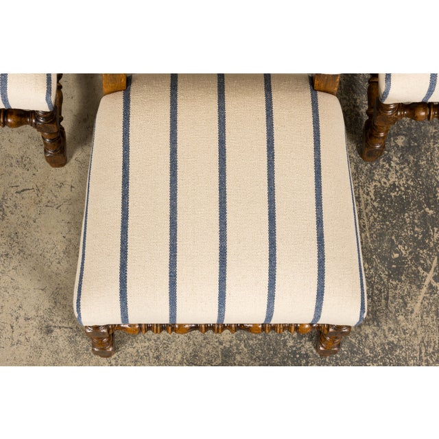 Late 19th Century Antique French Louis XIII Dining Chairs in Blue Striped Jacquard, Set of 12 For Sale - Image 5 of 18