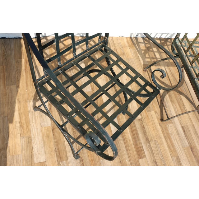 Metal Vintage Pair of 1970s Hervé Baume French Wrought Iron Folding Patio Chairs With Rustic Patina | Outdoor Garden Armchairs For Sale - Image 7 of 18