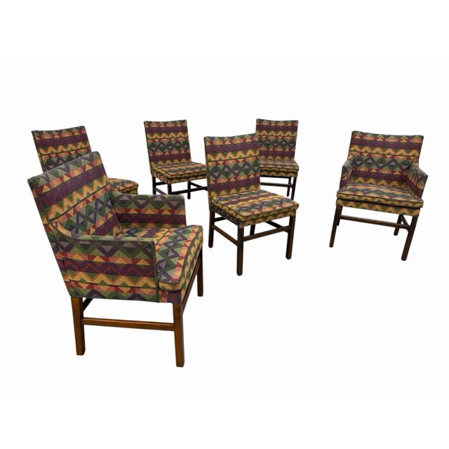 This set of 6 vintage Dunbar Style Geometric Upholstered Dining Chairs by D.R. Dimes exudes a modern style with its...