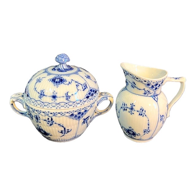 Vintage MCM Royal Copenhagen Blue Fluted Half Lace Porcelain Sugar Pot Creamer Set For Sale