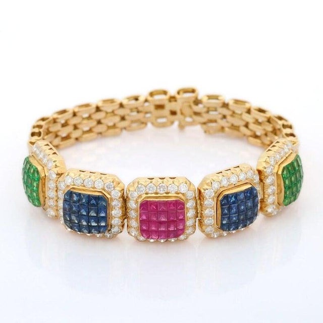 Art Deco Style Emerald Ruby Sapphire Bracelet 18k Solid Yellow Gold For Sale - Image 4 of 8