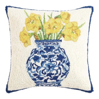 Chinoiserie Wool Hook Pillow Vase With Yellow Daffodils For Sale