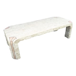 Postmodern Tessellated Beige and Pink Stone Coffee Table Brass Inlay For Sale