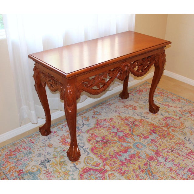 1950s Vintage Mahogany Console Table - Hand-Carved Chippendale Style With Claw Feet & Ornate Details For Sale - Image 4 of 15