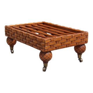 Vintage Rattan Coffee Table / Ottoman Base – Boho Coastal Charm on Casters For Sale